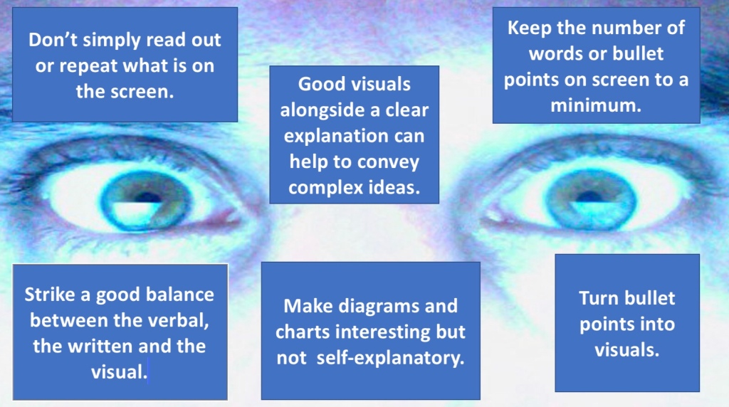 PowerPoint slide. Background image of a pair of eyes staring forward. Six boxes containing the six bullet points as above in the presentation.￼